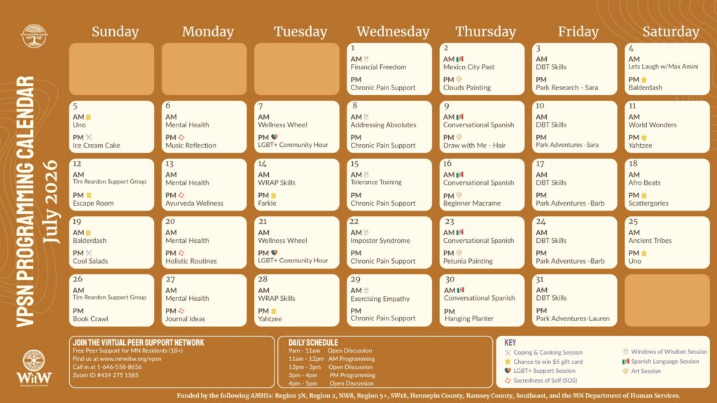 VPSN Programming Calendar for July 2026. A monthly calendar grid detailing daily morning and afternoon virtual peer support sessions, including topics like mental health, art, Spanish, and LGBT+ support. The bottom panel includes daily discussion hours, a color-coded key, and Zoom access information.