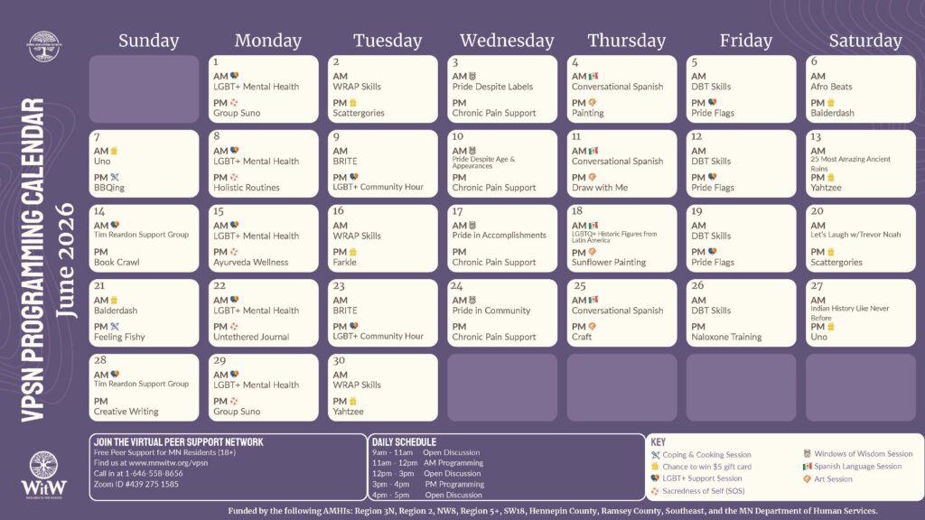 June calendar created by Wellness in the Woods that shows morning and afternoon session topics for each day of the month of June.