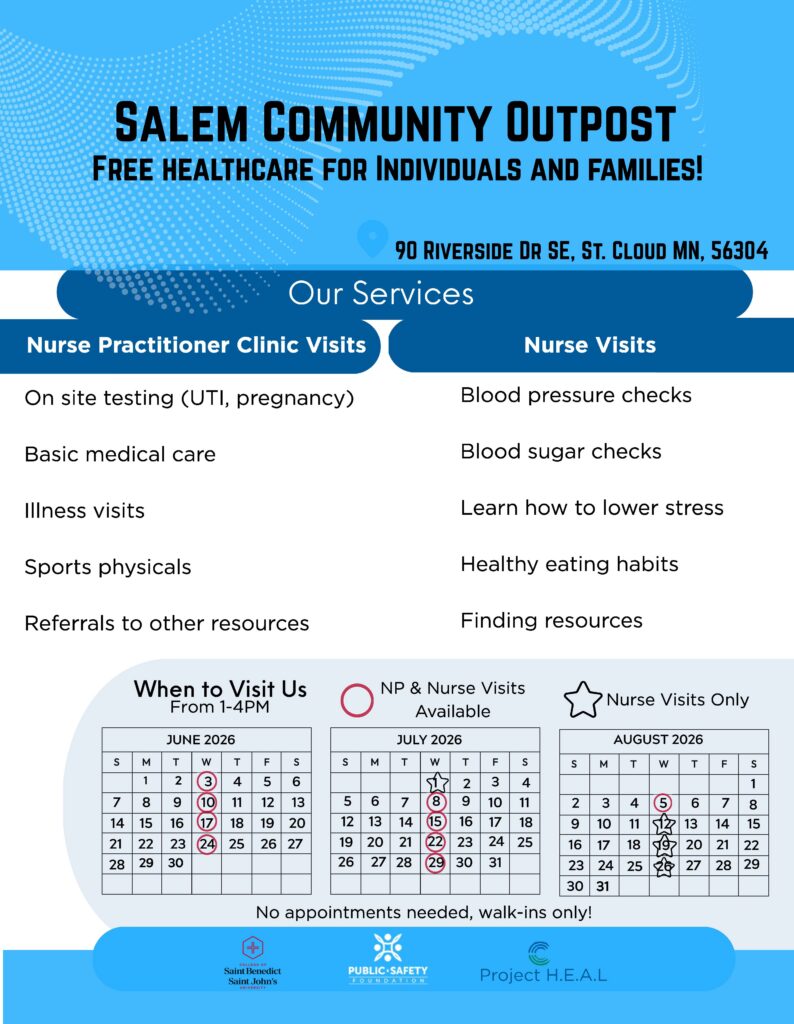Salem Community Outpost flyer offering free healthcare for individuals and families at 90 Riverside Dr SE, St. Cloud, MN. Details walk-in services from 1-4 PM for Nurse Practitioner and Nurse visits, alongside a summer 2026 calendar highlighting open clinic dates for June, July, and August.